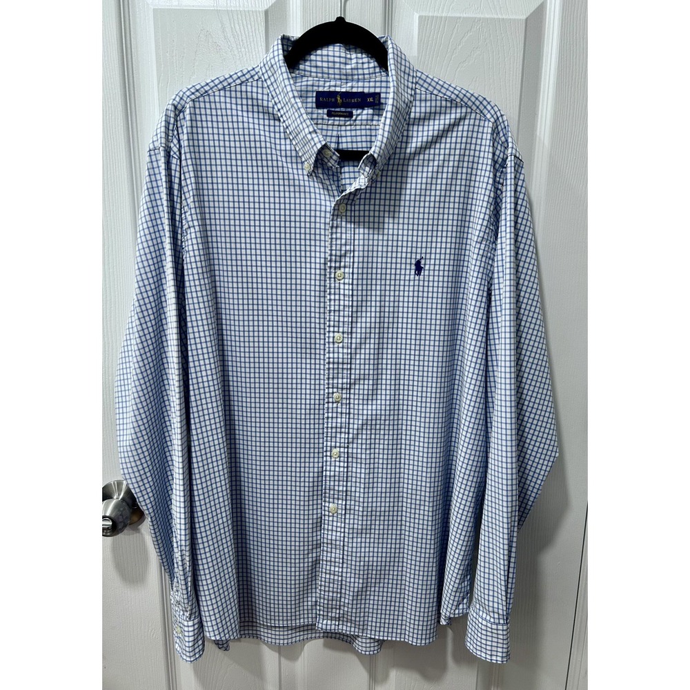 Ralph Lauren Mens Performance Shirt XXL Classic Fit Checkered Blue Button Up